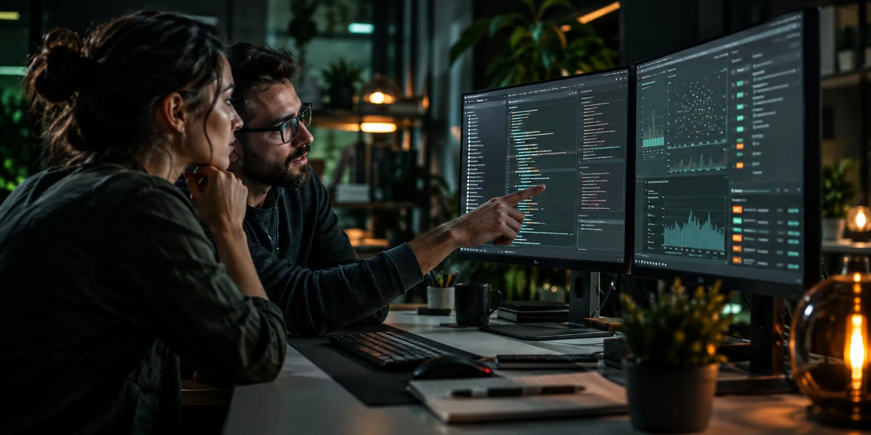 Engineers reviewing code and quality data together