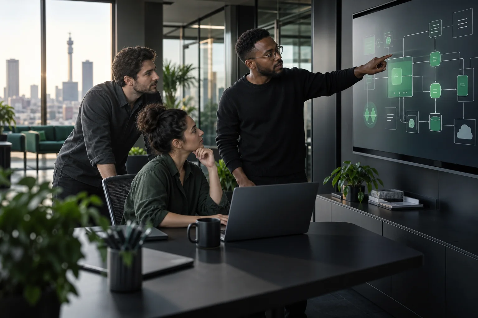A software engineering team collaborating on a system architecture